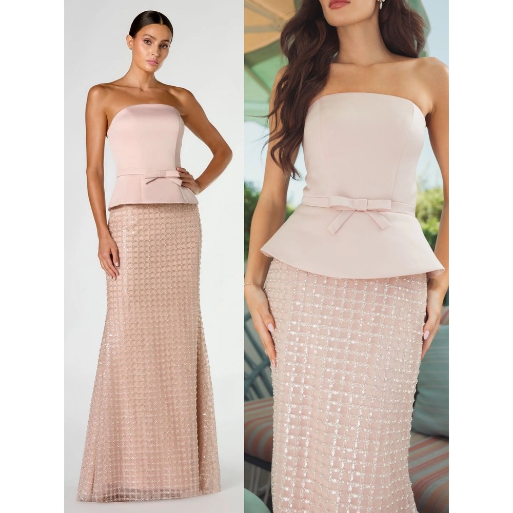 NWT Mac Duggal Blush Strapless Satin Top With Embellished Skirt Gown $798 Size 2
